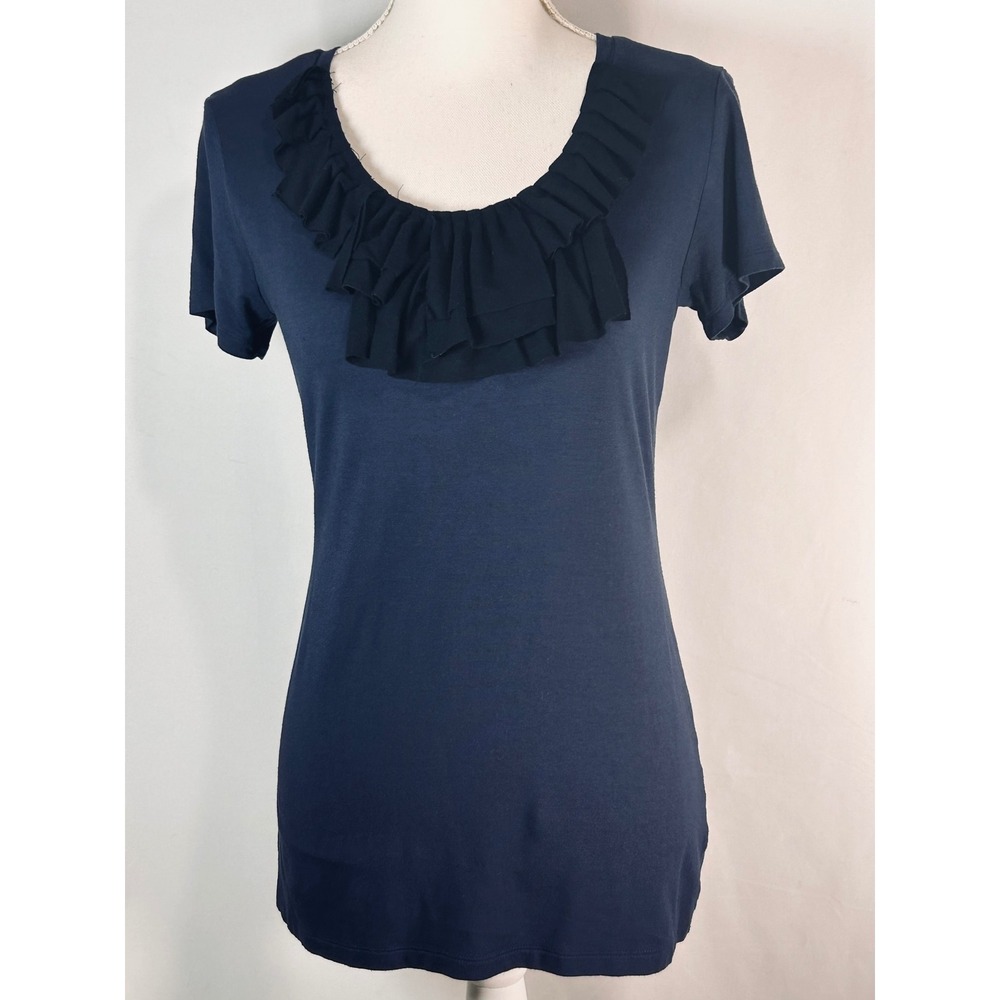 Alfani Womens Navy Blue‎ Ruffle Scoop Neck Short Sleeve Top Size S Rayon Blend